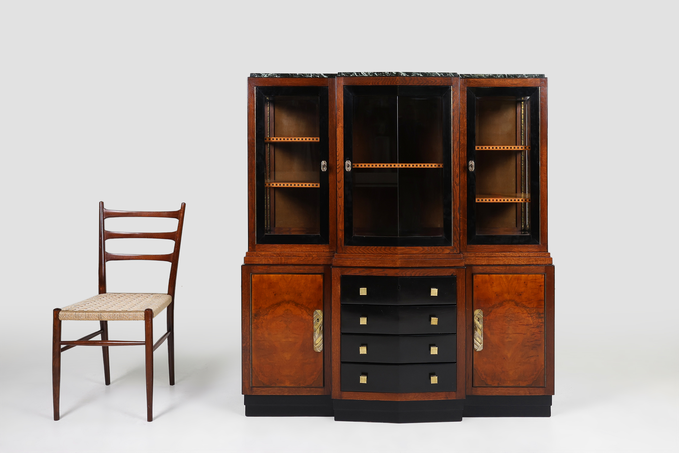 Rare Art Deco cabinet in burl wood with green marble top, France ca. 1930thumbnail